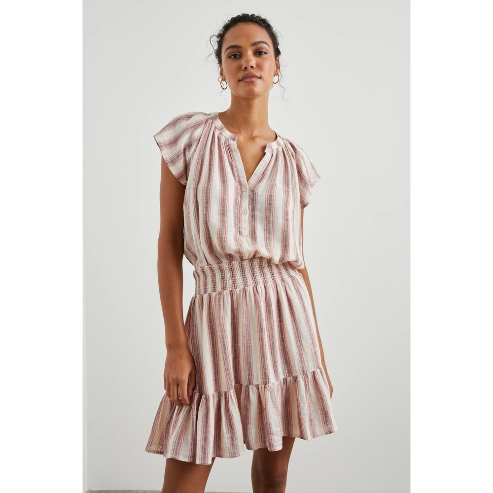 Rails Augustine Camino Stripe Linen Blend Smocked Mini Dress Button Front Sz‎ S